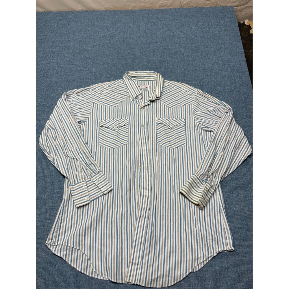 VTG H Bar C California Ranchwear Western Shirt Blue Stripe Cotton Mens 16.5x34